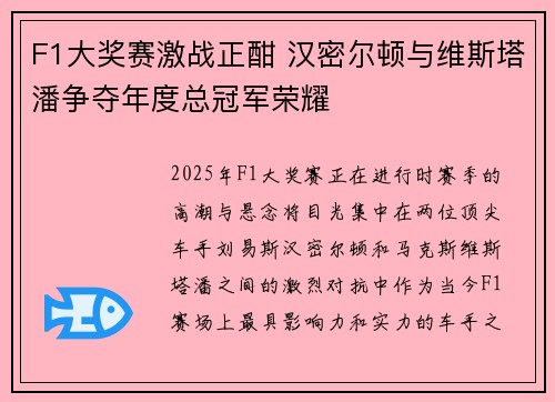 F1大奖赛激战正酣 汉密尔顿与维斯塔潘争夺年度总冠军荣耀 F1大奖赛激战正酣 汉密尔顿与维斯塔潘争夺年度总冠军荣耀